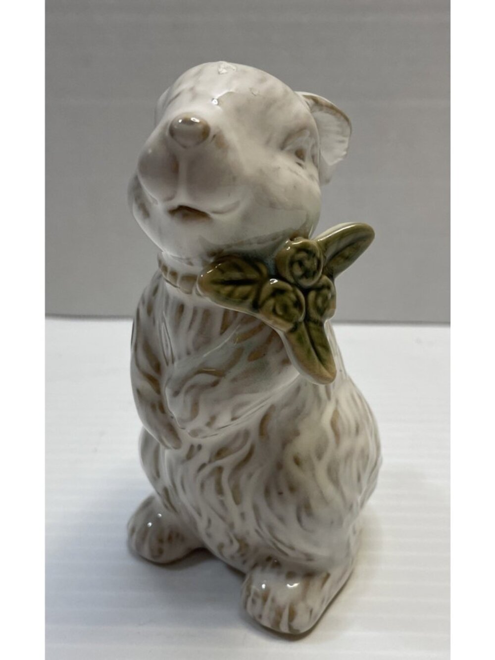 White Glazed Ceramic Sitting Bunny with Green Florals - EUC
